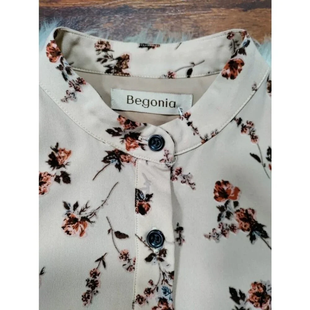 Begonia Puff Long Sleeve High Neck  Floral Print Hi-Low Dress Beige Womens Small - Picture 10 of 15